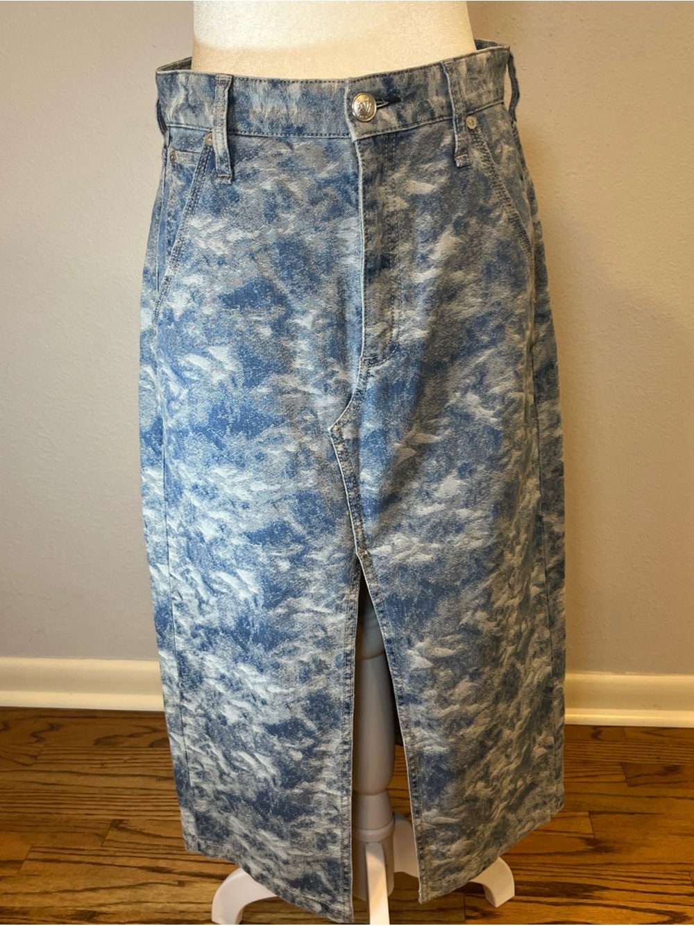 rag & bone Sid Jacquard Denim Midi Skirt Textured Blue 27 Boho Chic Front Slit - Picture 7 of 11